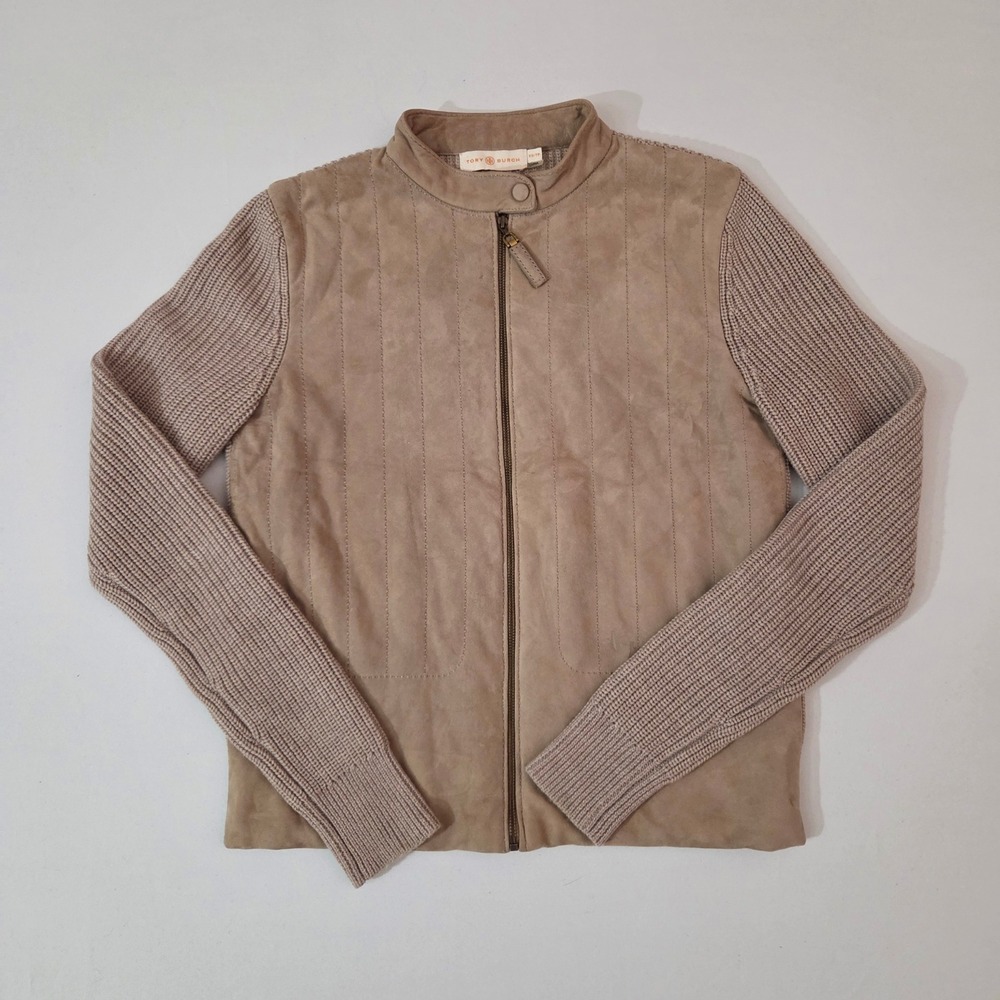 Tory Burch Ovine Leather Suede Knit Zip Up Jacket Beige XS